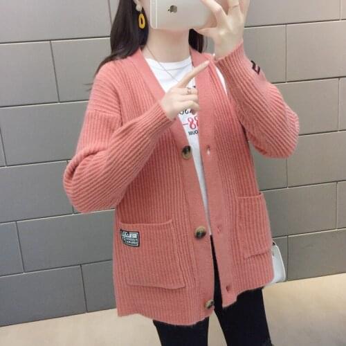 Fad Autumn Solid Sweater Knitted Casual Cardigans Korean Style Single Breasted O Neck Long Sleeve Sweater With Pockets Outwear