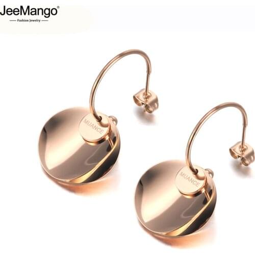JeeMango New Titanium Steel Geometric Double Circle Disc Earrings For Women Bohemia Rose Gold Hyperbole Earrings Jewelry JE19203