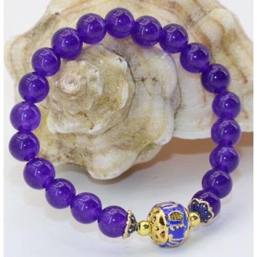 Exquisite purple natural stone jades chalcedony 8mm round beads cloisonne bracelets Bohemia style women jewelry 7.5inch B2695