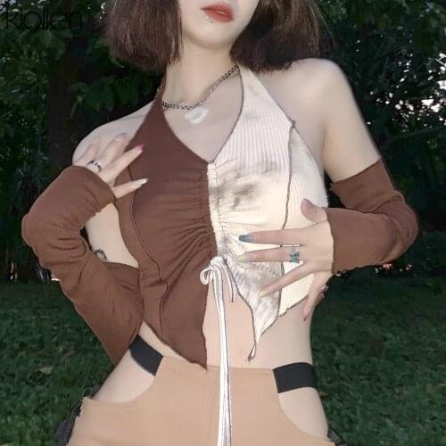 KLALIEN Fashion Casual Patchwork Knit Removable Sleeves V Neck Bandage Female T Shirt 2021 New Summer Women Club Streetwear