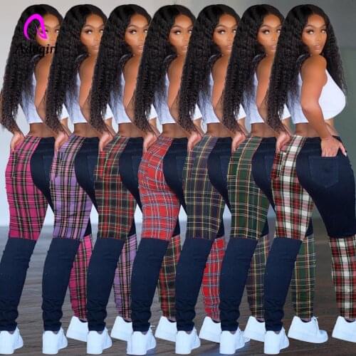 Plaid Patchwork Pencil Pants Fitness Women Skinny Jogging Pants High Waist Highly Elastic Slim Active Wear Zipper Fly Trousers