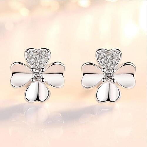 KOFSAC New Fashion 925 Sterling Silver Stud Earrings For Women Exquisite Zircon Luckly Clover Earring Ear Jewelry Gifts Bijoux