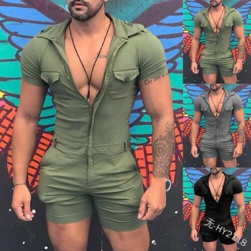 5XL Large Size Men Jumpsuit Summer Sexy Slim Playsuit Short Sleeves Shirt tops+Short Zipper Open Fashion Solid onesies Jumpsuit