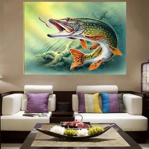 Cool Biting Fish Posters Fishing Canvas Painting for Fishing Lover Gift Wall Art Decoration