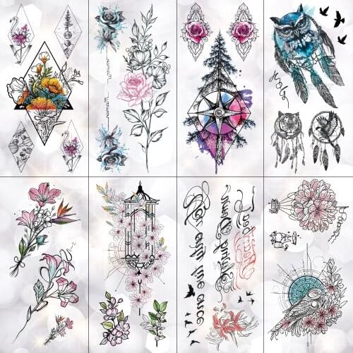 Forest Owl Compass Waterproof Temporary Tattoo Sticker Flower Wolf Mountain Flash Tattoos Body Art Fake Arm tatoo Women