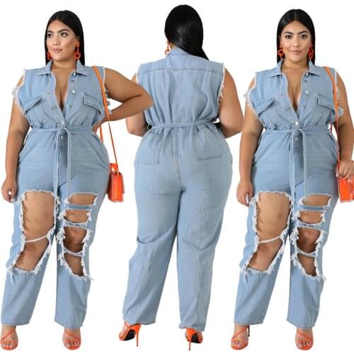 2021 Summer Woman Clothes Plus Size Fat Woman Office Lady Solid Empire Denim Long Sleeve Holes Scrubbed Washed Denim Jumpsuit