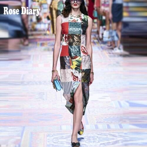 RoseDiary Runway Fashion Sexy Straight Floral Party Dresses Vintage Side Split Women Summer Dress Vestidos Plus Size Mujer Traf