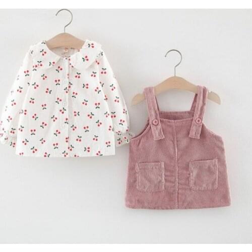 Hot Infant Costume Baby Girl Doll Collar Cartoon Cherry Print Long-sleeved T-shirt Top + Corduroy Strap Dress Spring Autumn 0-3T