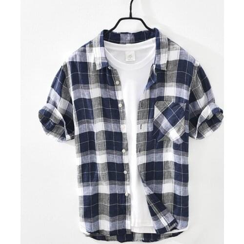 Pure Linen Short Sleeve Shirt for Men Summer New Japanese Fashion Tops Male Breathable Vintage Plaid Button Up Hemp Shirt