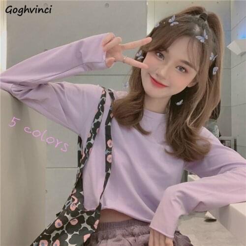 Long Sleeve T-shirts Spring Crop-top Women Solid Korean Style Sexy Sweet Girls Casual Loose Trendy Ins All-match Tees Ulzzang