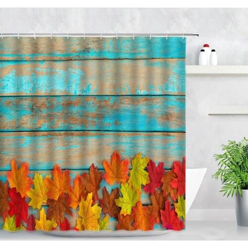 Retro Blue Wood Grain Maple Leaves Shower Curtain Red Leaf Autumn Scenery Creative Home Decor Bathroom Curtains Hanging screens