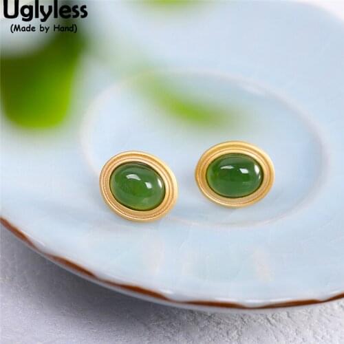 Uglyless Noble Natural Jasper Green Jade Studs Earrings for Women 11MM MINI Studs Earrings 925 Silver Dress Jewelry Gold Brincos