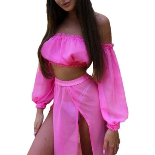 Women’s Sexy T-shirt and Skirt Suit Fashion Solid Color Long Sleeve Tops Loose Split Long Skirt Beachwear Swimwear Women 2021