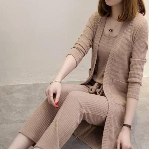 Female Three-piece Suit Sling Strapless Bottoming Tops Mid-length Sweater Coat Lace-up Solid Cropped Pants Knitted Women Sets