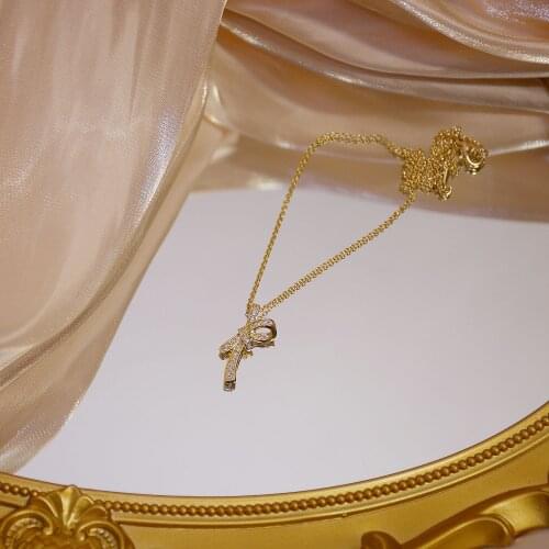 14k Real Gold Plated Fine Jewelry Zircon Exquisite Bow Shape Short Necklaces for Woman Daily Party Clavicle Chain Necklace
