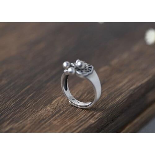 National standard S925 silver simple fashion silver flower butterfly silver beads Thai silver matte open ring female