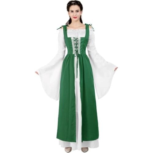 Women Renaissance Medieval Vintage Boho Long Sleeves Dress Irish Patchwork Lace Up Over Dress Two Pieces Retro Gown Plus Size