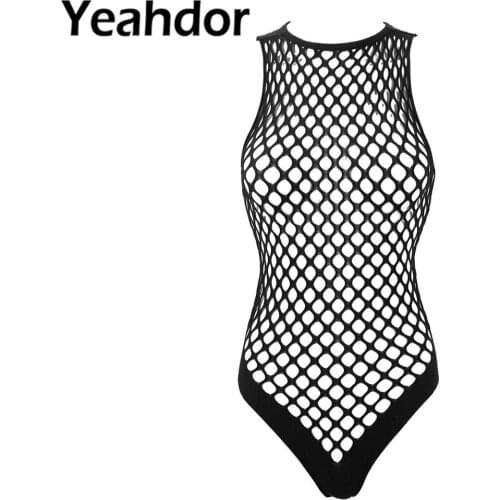 Womens Sexy One-piece See Through Hollow Out Lingerie Halter Neck Sleeveless Stretchy Bodysuits