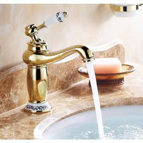 Gold Color Brass Ceramic Base Deck Mounted Single Ceramic Handle Bathroom Vessel Basin Sink Faucet Mixer Water Taps mnf501
