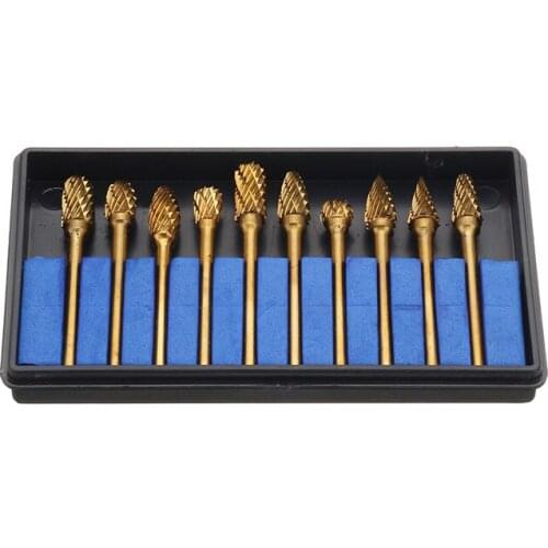 10Pcs/Set Titanium Coated Tungsten Carbide Burr Rotary Drill Bits 1/8 Inch Shank Cutter Files DIY
