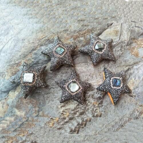 5pcs Nature Abalone Shell Rhinestone Starfish Pendant,Snakeskin Leather Star charm DIY necklace Women Jewelry Finding PD635
