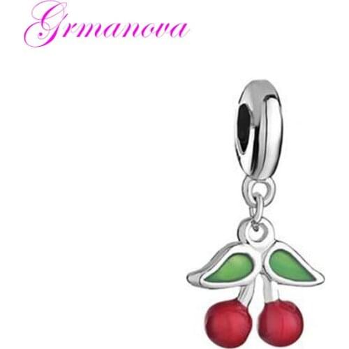 Cherry pendant charm beads red & green enamel amulet original brand jewelry design Fit Pandora Bracelet Necklace