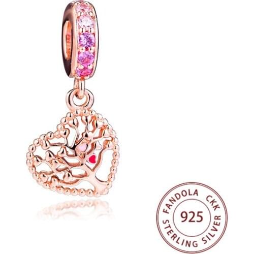 Fits Pandora Bracelet Argent 925 Sterling Silver Rose Gold Tree of Love Dangle Charms Beads for Jewelry Making Bijoux Femme
