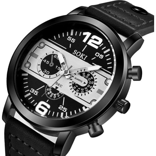 Mens Large Leather Quartz Wristwatch Business Mens Watches Clock Zegarek Masculino Black Analog clock Relogio Masculino