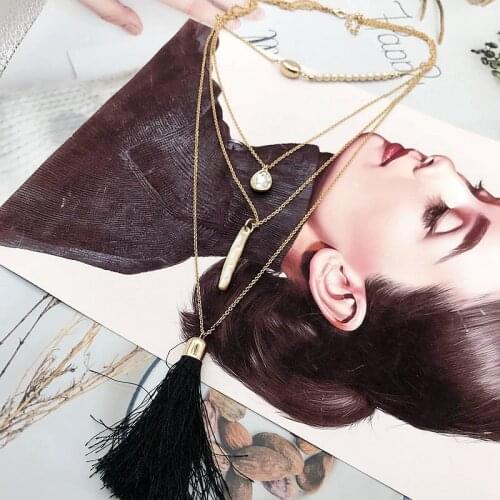 Four Layers Necklace Black Tassel Teardrop Ivory Shell Charm Pendant Jewelry