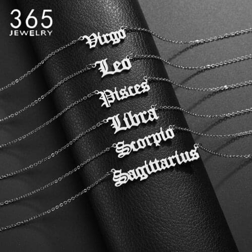 Stainless Steel Zodiac Sign 12 Constellation Pendant Necklace Old English Font Letter Choker for Femme Girl Jewelry Gift