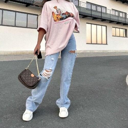 Fashion hole washed straight-leg trousers jeans, women pants, Women pants high rise jeans, Women pants high rise