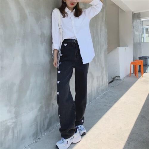 New Japanese Harajuku Women Streetwear Jeans High Waist Blue Black Heart Love Embroidery Denim Wide Leg Pants Cute Elegant Jeans