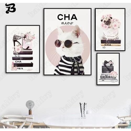 Cat Canvas Painting Wall Art Poster Fashion Perfume Flower High Heels Handbag Dog Posters Prints Wall Pictures for Bedroom Decor