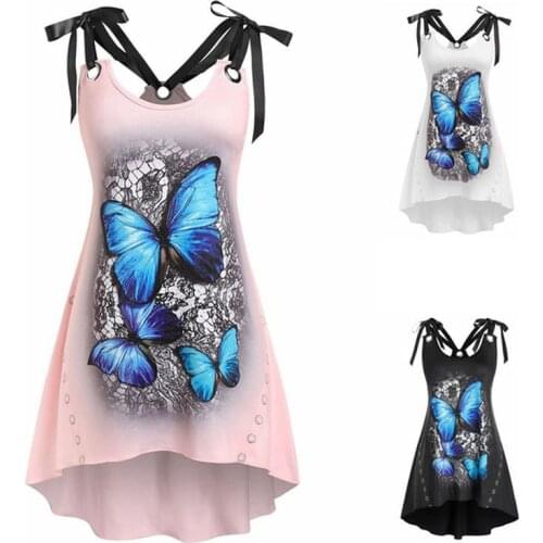 Tank Top Women Summer Fashion Plus Size Casual Butterfly Print Tie Shoulder Irregular Top Elegant Ladies Long Black Tank Tops
