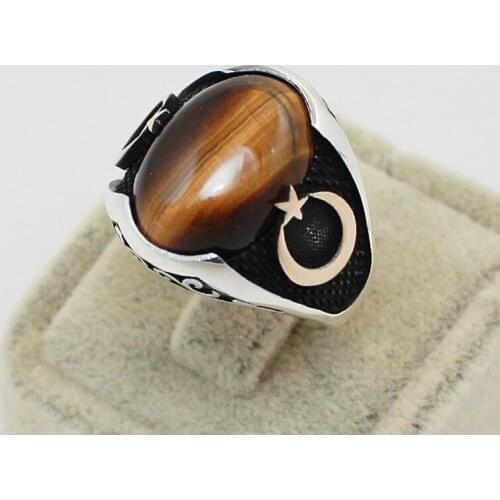 Solid 925 Sterling Silver Tigers Eye Stone Crescent Moon Star Design Mens Ring
