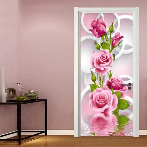 Door Sticker 3D Stereo Pink Flowers Circle Wallpaper Living Room Bedroom Abstract Art Vinyl Door Mural Self-Adhesive Home Decor