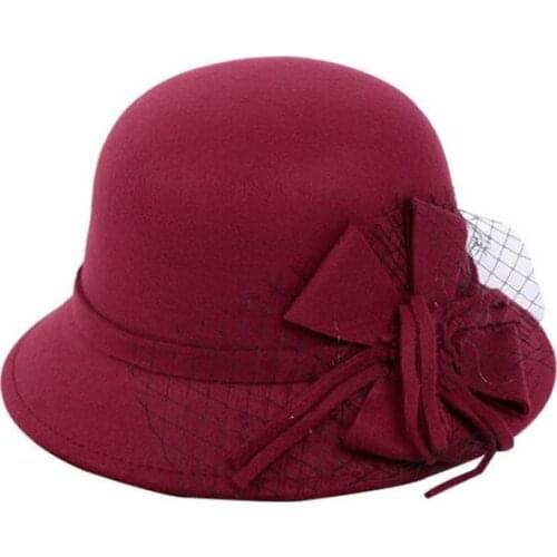 New Vintage Imitation Wool Cloche Hat With Mesh Bow Wide Brim Bowler Winter Fedoras Ladies Floppy Derby Hats Cap