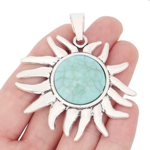 3 x Silver Color Large Sun & Faux Turquoise Stone Charms Pendants for Necklace Jewelry Making Accessories 66x60mm