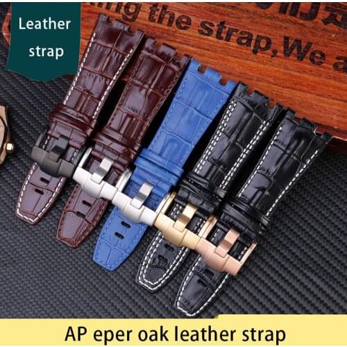 Watch accessories bone grain leather strap folding buckle for AP JF15710/15703/26405 Royal Oak offshore 28mm mens