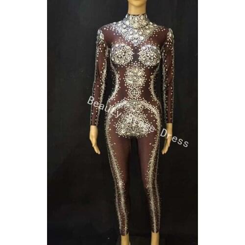 Silver Sparkly Stones Perspective Mesh Bodysuit Long Sleeves Stretch Brown Jumpsuit Party Celebrate Costume Rhinestones Leggings