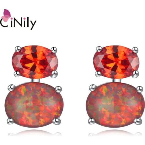 CiNily Orange & Green Fire Opal Stone Stud Earrings Silver Plated Red Garnet Mini Cute Summer Jewelry Best Gifts for Woman Girl