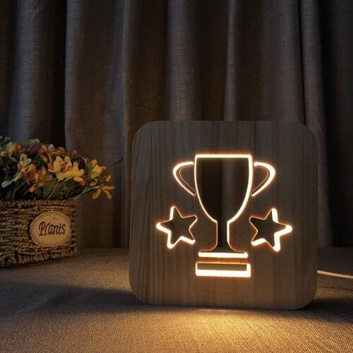 Wooden Trophy Lamp LED Night Light Hollowed-out Wood Night Lamp Warm White Bedroom Bedside Light Gift 3D Nightlight