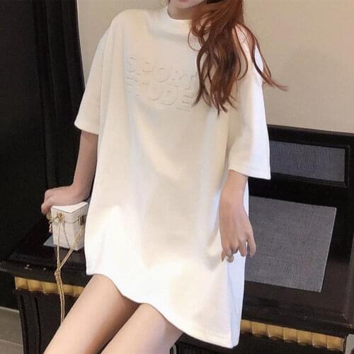 Pink mid-length 3D letters short-sleeved t-shirt 2021 summer fashion loose O-neck casual student mid-sleeve top womens clothing