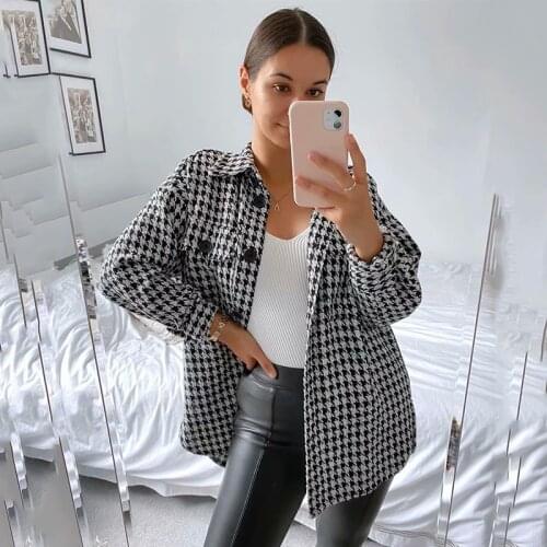 Ardm Za Vintage Tweed Houndstooth Jacket Women 2020 Shirt Autumn Winter Jackets Coats Streetwear Pockets Overcoat Female Tops