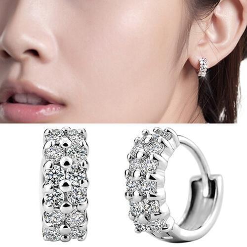 Womens Double Rows Clear Cubic Zirconia Hoop Huggie Wedding Party Earrings