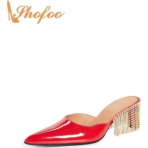 Red Crystal Fringe High Heels Pointed Toe Women Mules Pumps Slip On Large Size 14 15 Ladies Summer Fashion Party Shoes Shofoo