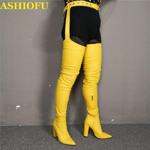 ASHIOFU New Real Photos Women Waist Boots Sexy Night-club Over Knee Boots Party Prom Evening Fashion Pants Boots Fashion Shoes