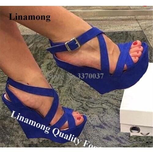 Linamong Summer Suede Leather High Platform Wedge Sandals Blue Straps Cross Ankle Buckles Wedges Height Increased Dress Shoes