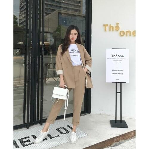 Spring Autumn 2019 High Quality Casual Solid OL Pant Suits Notched Collar Blazer Jacket & Pencil Pant Khaki Female Suit