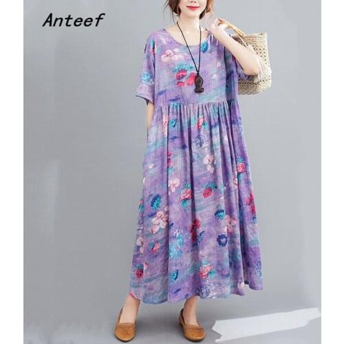 Cotton linen plus size vintage floral women casual loose long summer dress elegant clothes 2021 ladies dresses sundress